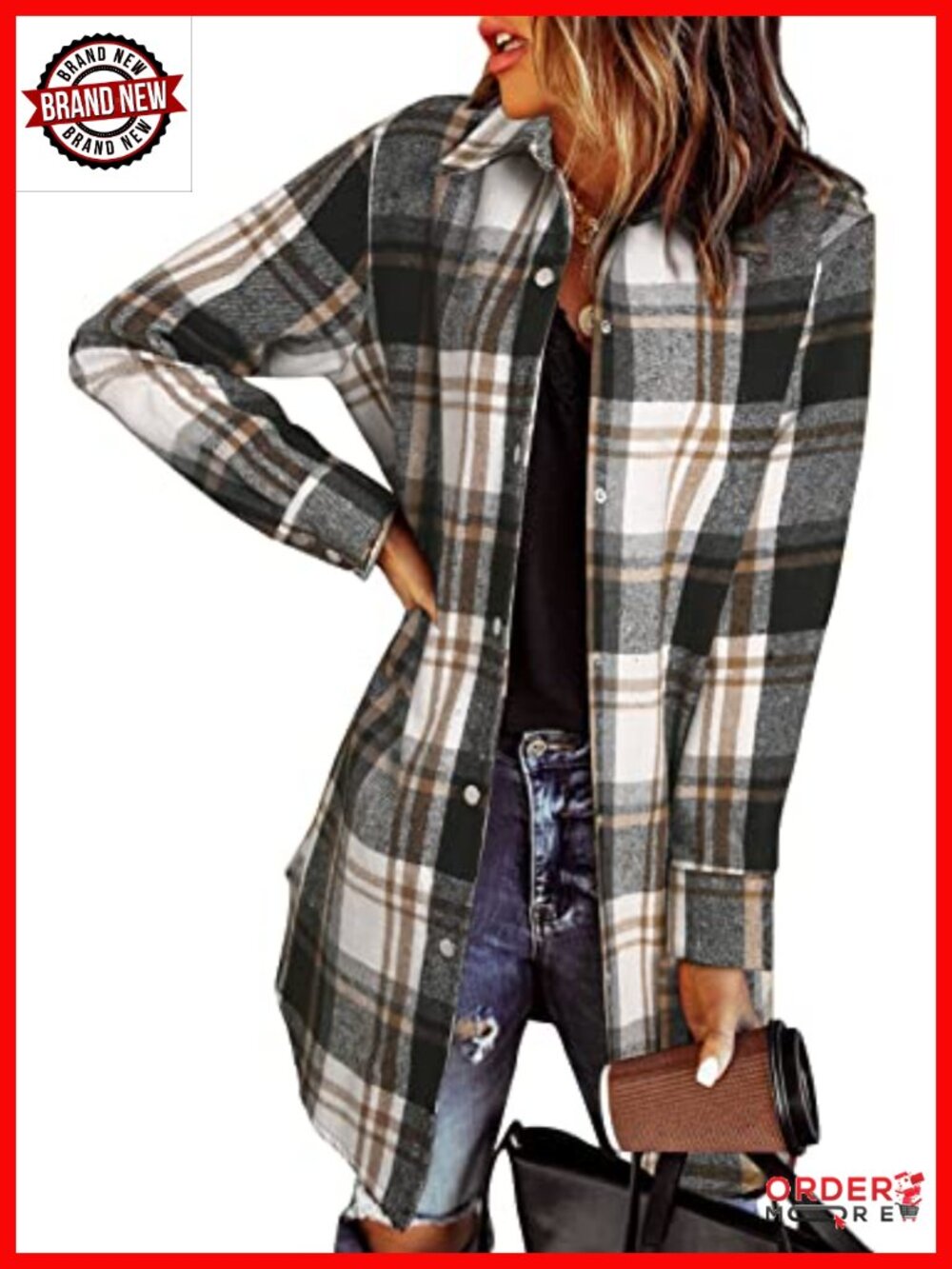 Womens Plaid Flannel Shacket Button Down Long Sleeve Loose Fit Casual Jacket